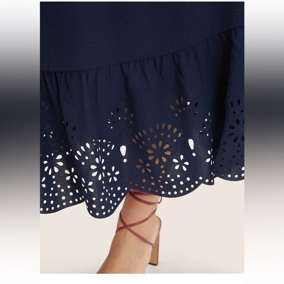 BloomChic Solid Laser Cut Shirred Pocket Wrap Scalloped Trim Flutter Dress - Picture 4 of 7